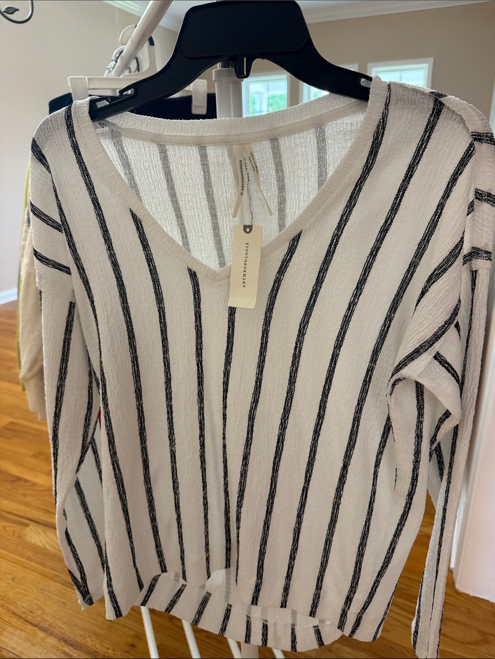 Anthropologie White V-Neck Sweater with Black Vertical Stripes